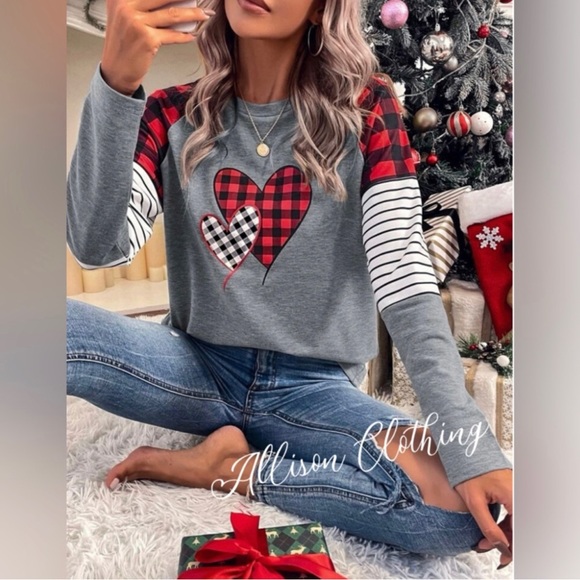 Buffalo Print Hearts Long Sleeve Red Checkered Christmas Top - Picture 3 of 5